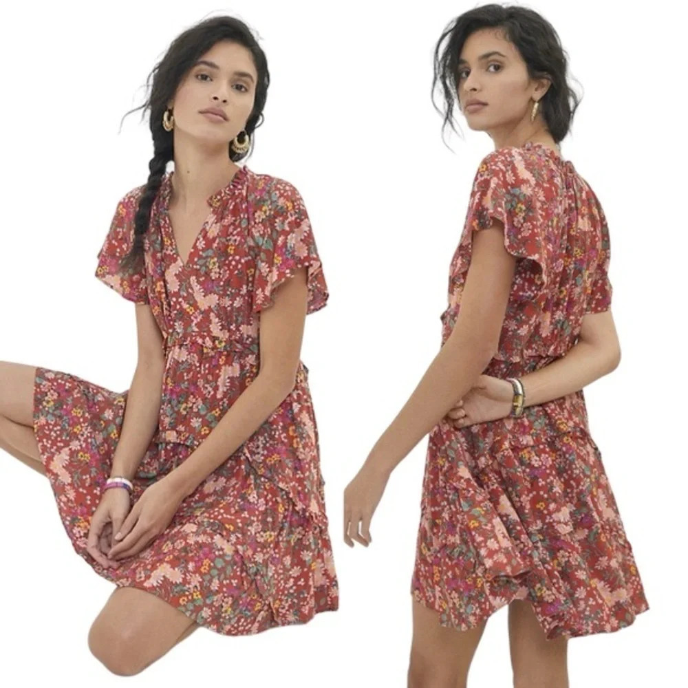 ANTHROPOLOGIE Red Robin Floral Ruffles Spliced Neck Tiered Mini Dress Size XXS